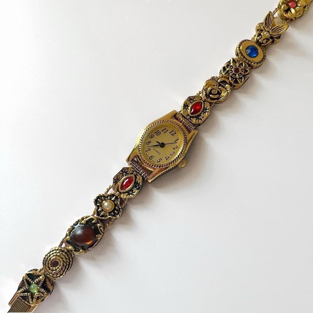 SOLD Avon Gold Slider Charm Fashion Wrist Watch Bracelet Simulated Gemstone
